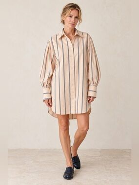 Nordstrom Signature Beige Navy Striped Cotton Shirt Dress Large NWT